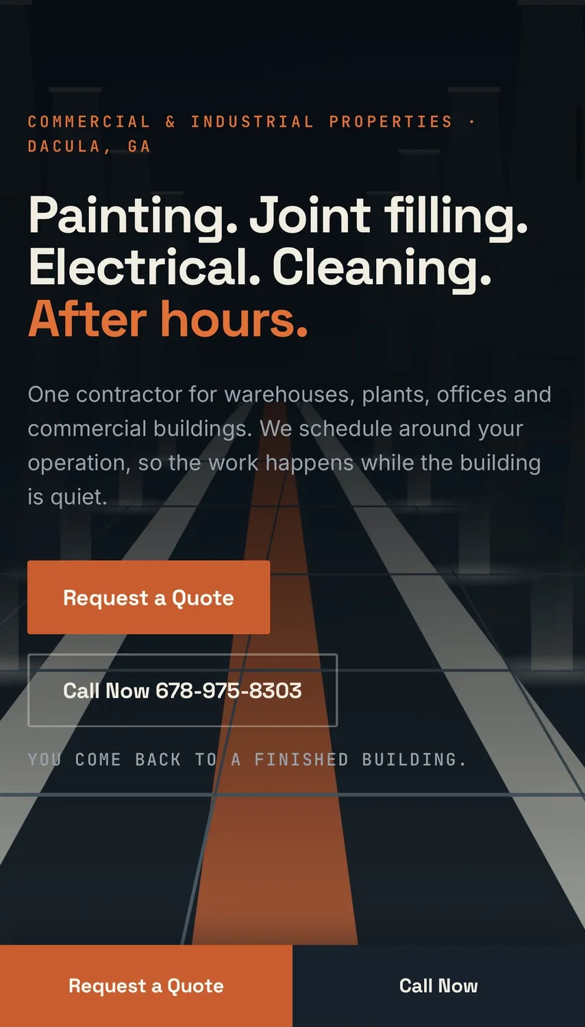 Sitio web de un contratista comercial en Dacula, Georgia, con el titular Painting. Joint filling. Electrical. Cleaning. After hours.