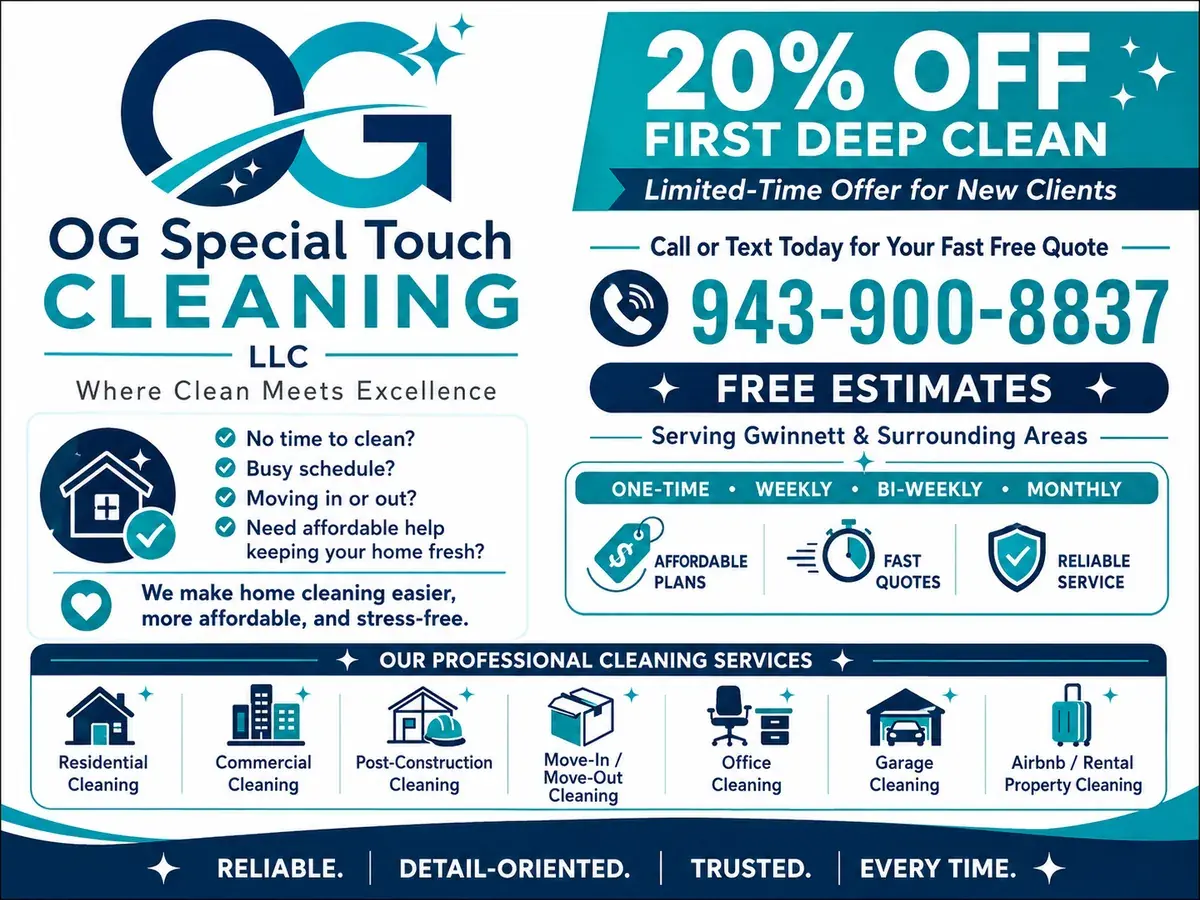 Flyer de OG Special Touch Cleaning con 20 por ciento de descuento en la primera limpieza profunda y el teléfono 943-900-8837.
