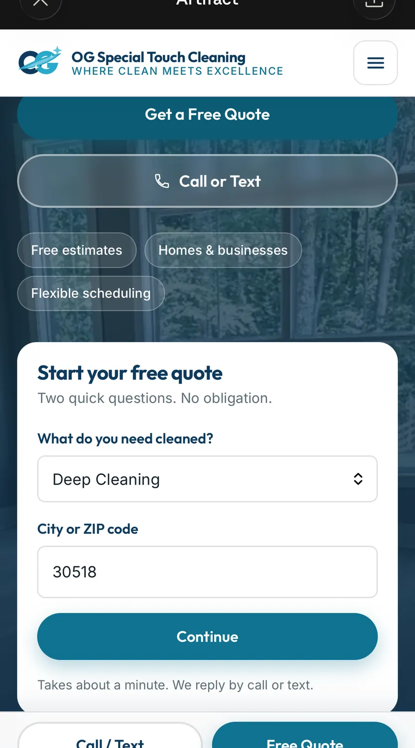 Cotizador automático de OG Special Touch Cleaning preguntando qué necesita limpiar y el código postal.