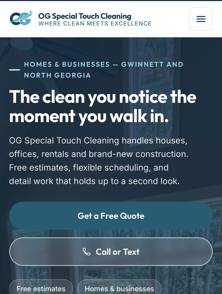 Sitio web móvil de OG Special Touch Cleaning con el titular The clean you notice the moment you walk in.
